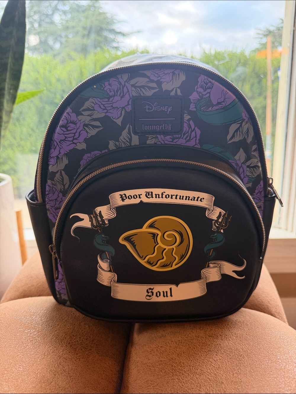 Disney Loungefly Black Backpack with Purple Floral Accents and Gold Emblem